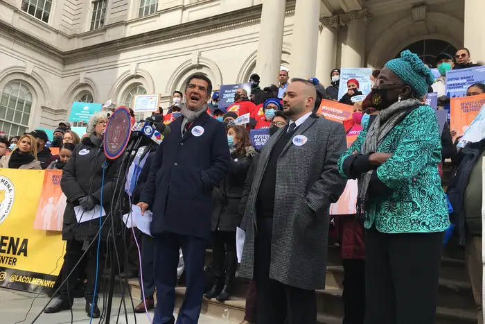 Councilmember Ydanis Rodriguez, along with other supporters of an immigrant voting rights bill, on City Hall Steps on Thursday, Dec. 9, ,2021.